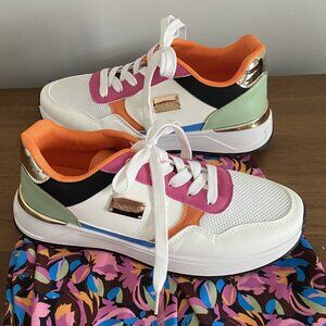 Women's BEBE SPORT "Alesha" Sneakers 8.5 M White/Orange/Pink/Blue + Gold - NIB